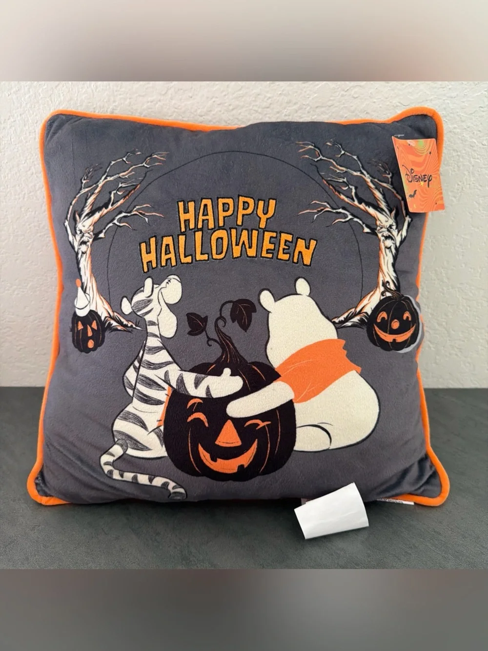 Aldi x Disney Halloween 2026 Throw Pillow Pooh Tigger Pumpkins Woods Orange Gray